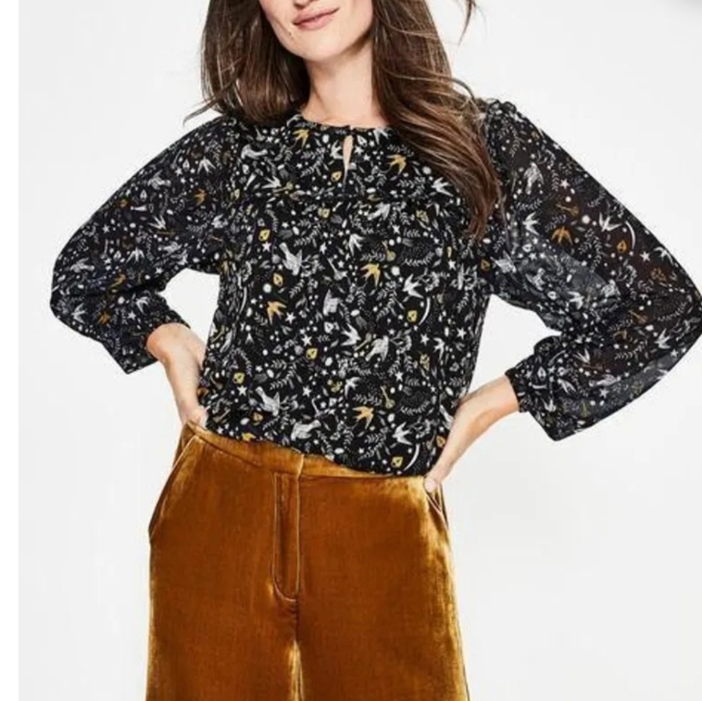 Boden Violette Floral Bird Chiffon Blouse In Black
